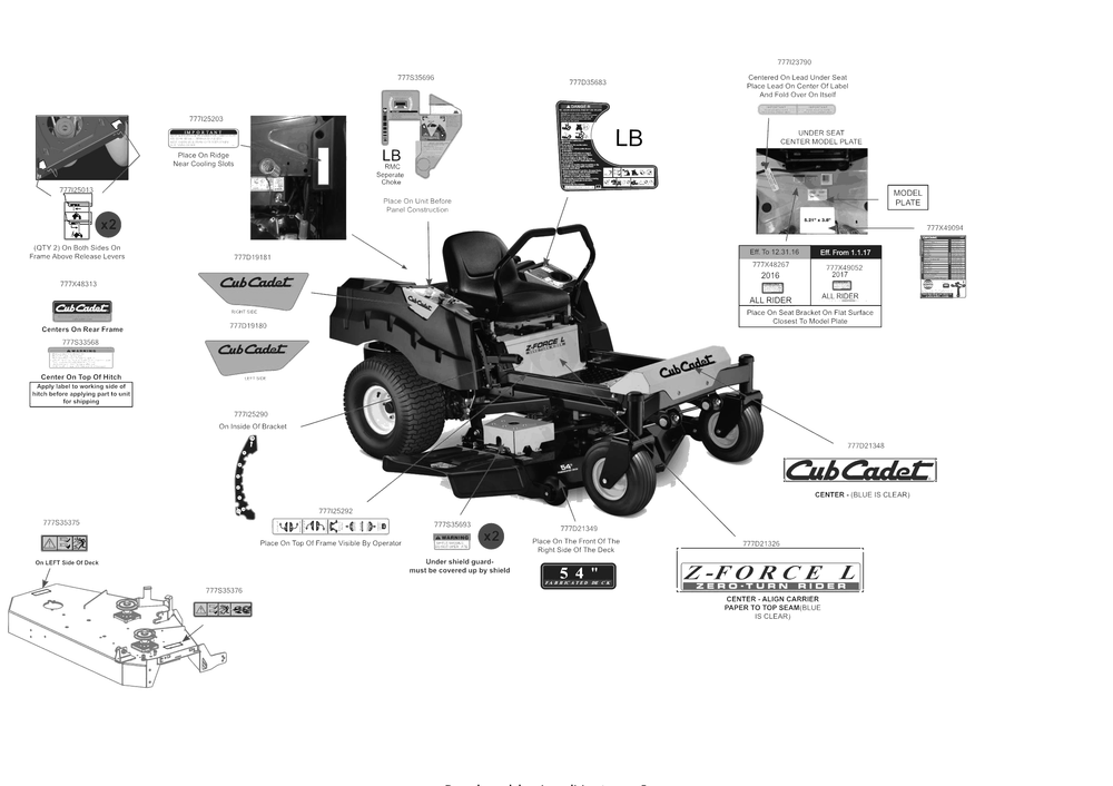 Label Map Diagram and Parts List for Z-FORCEL54KH (17ASDALC056)(2017) Cub Cadet Lawn Tractor